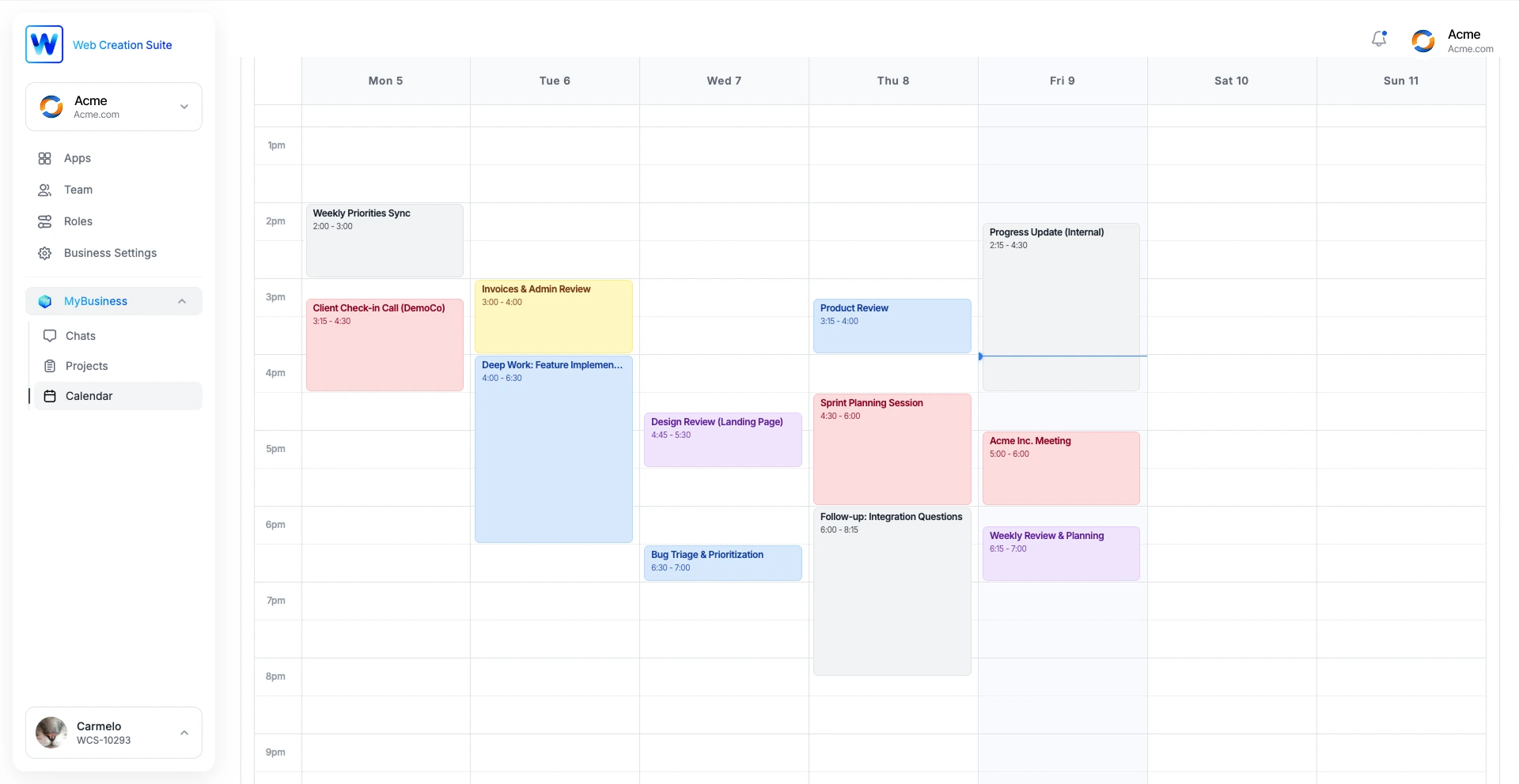 MyBusiness Calendar Interface