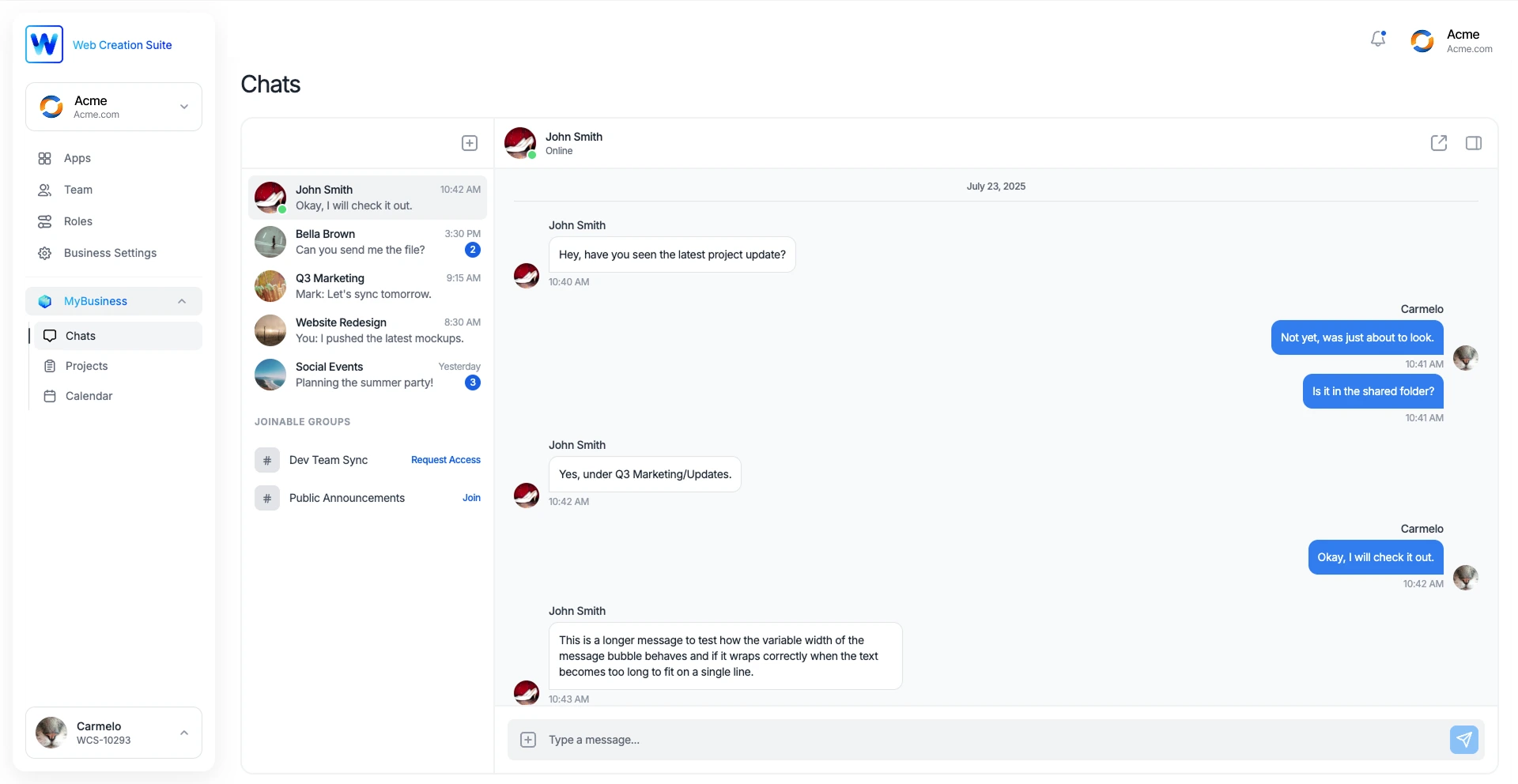 MyBusiness Chats Interface