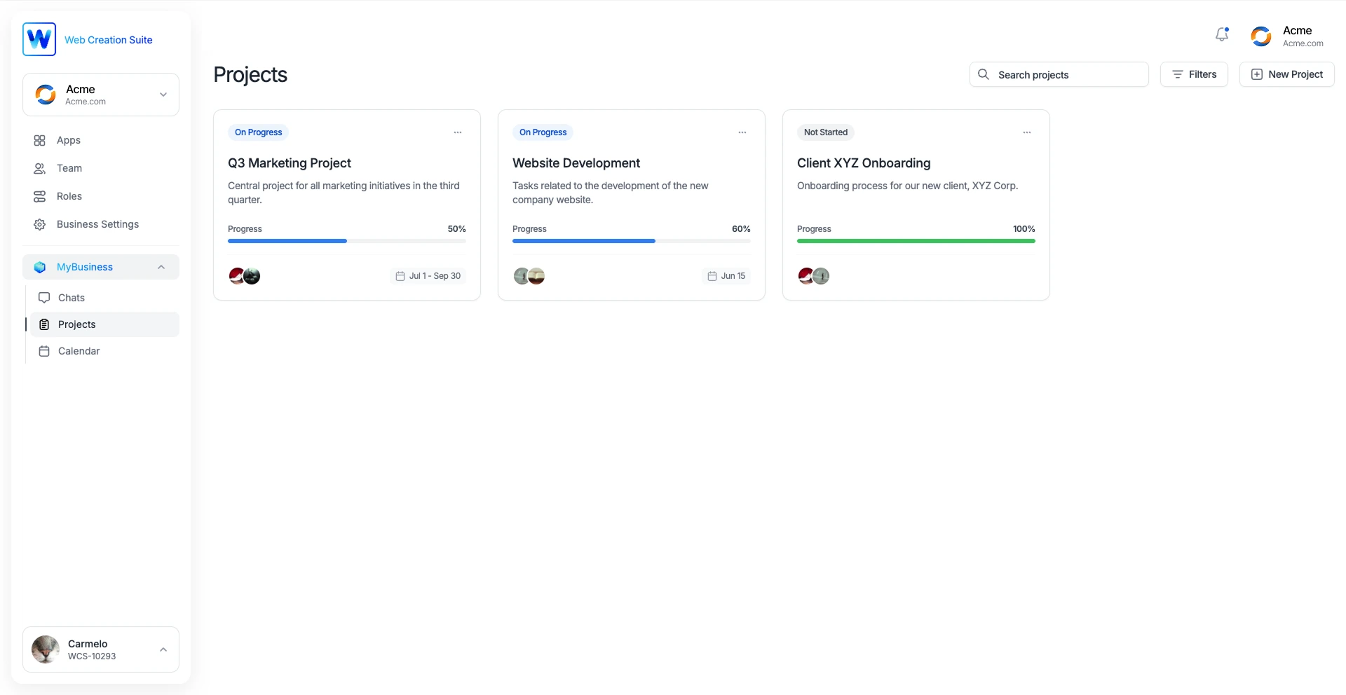 MyBusiness Projects Interface
