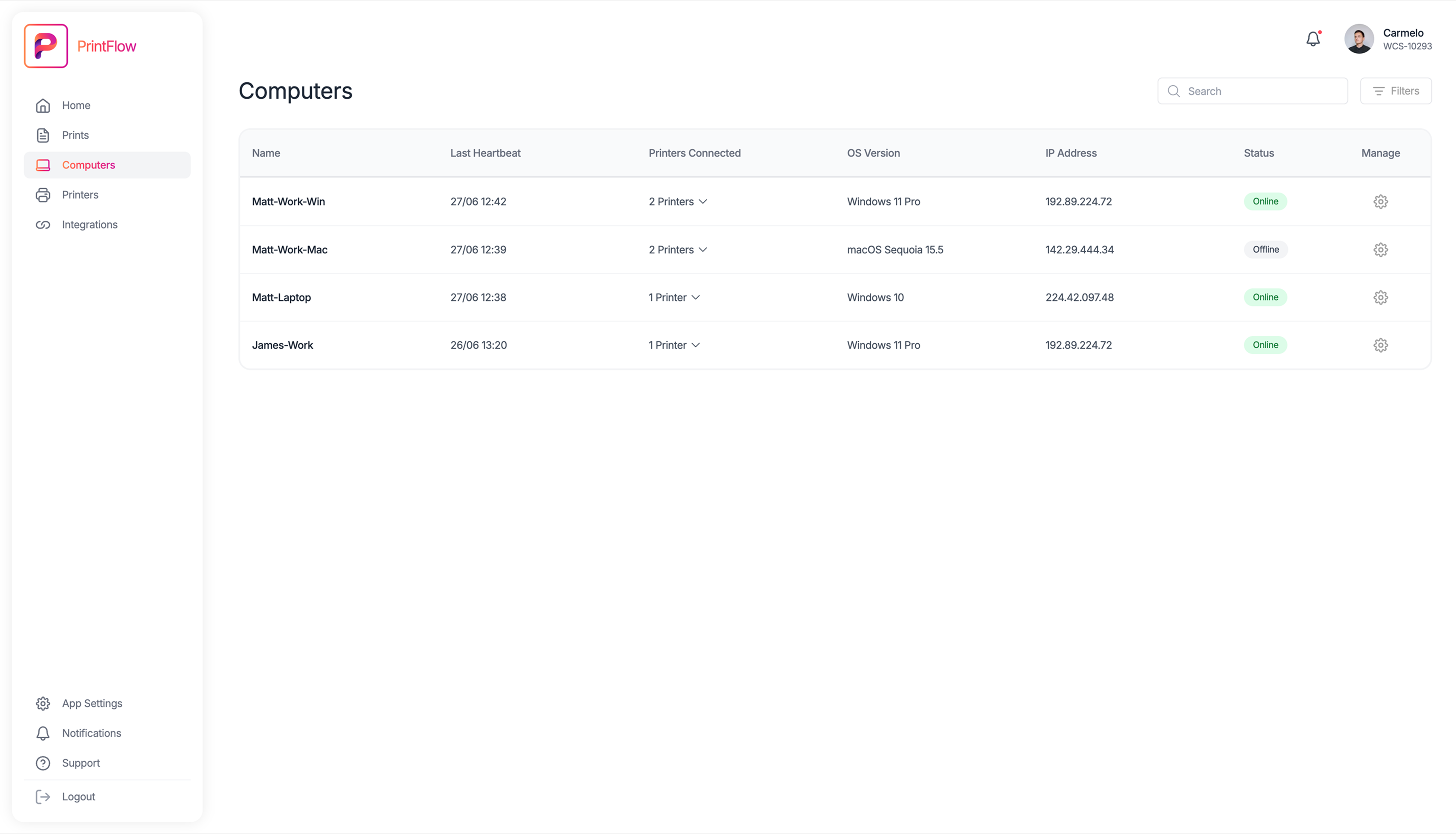 PrintFlow device management interface showing connected printers and computers