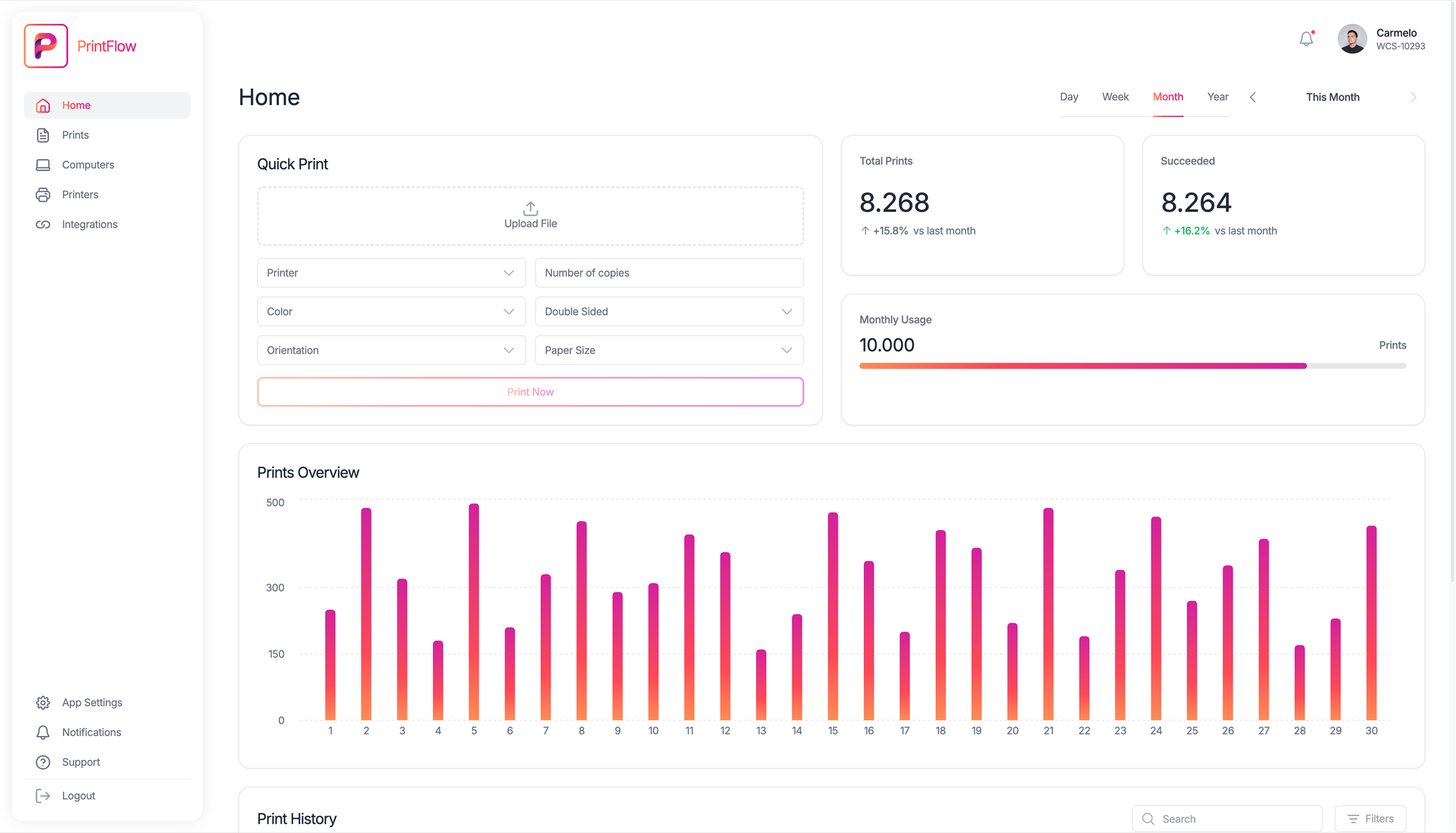 PrintFlow dashboard showing printers and print jobs
