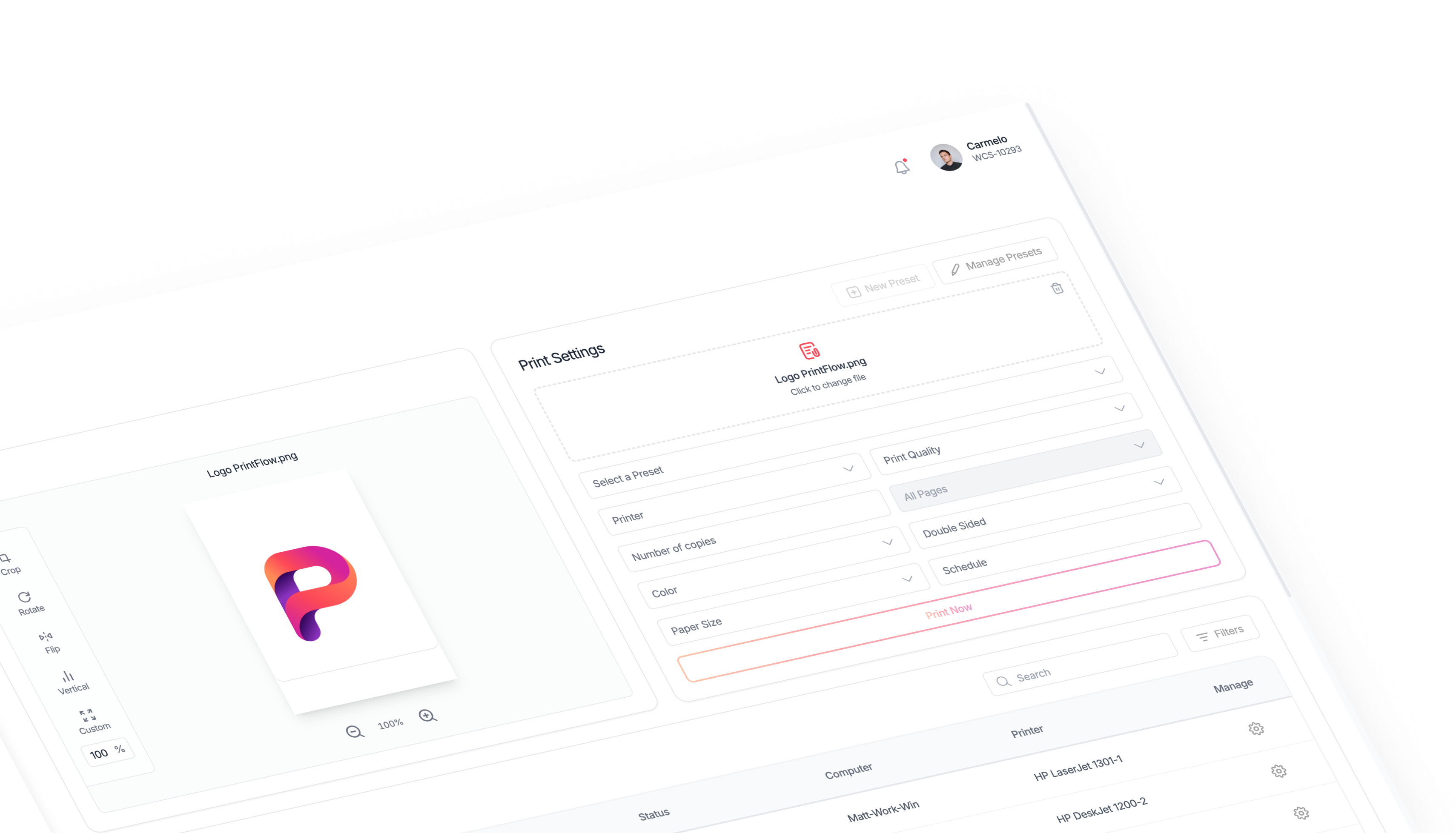 PrintFlow presets configuration screen.