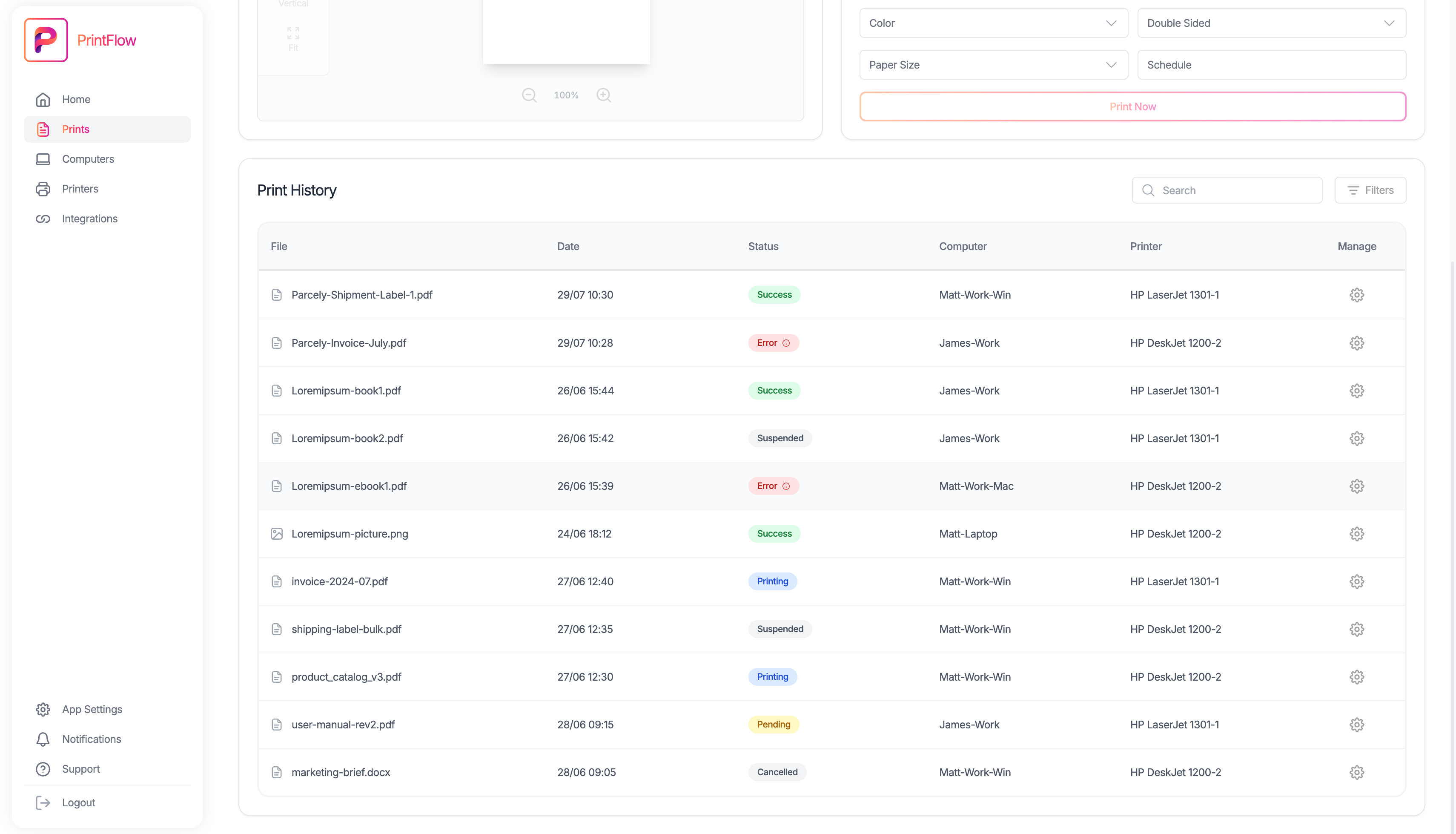 PrintFlow dashboard showing an overview of printing activity