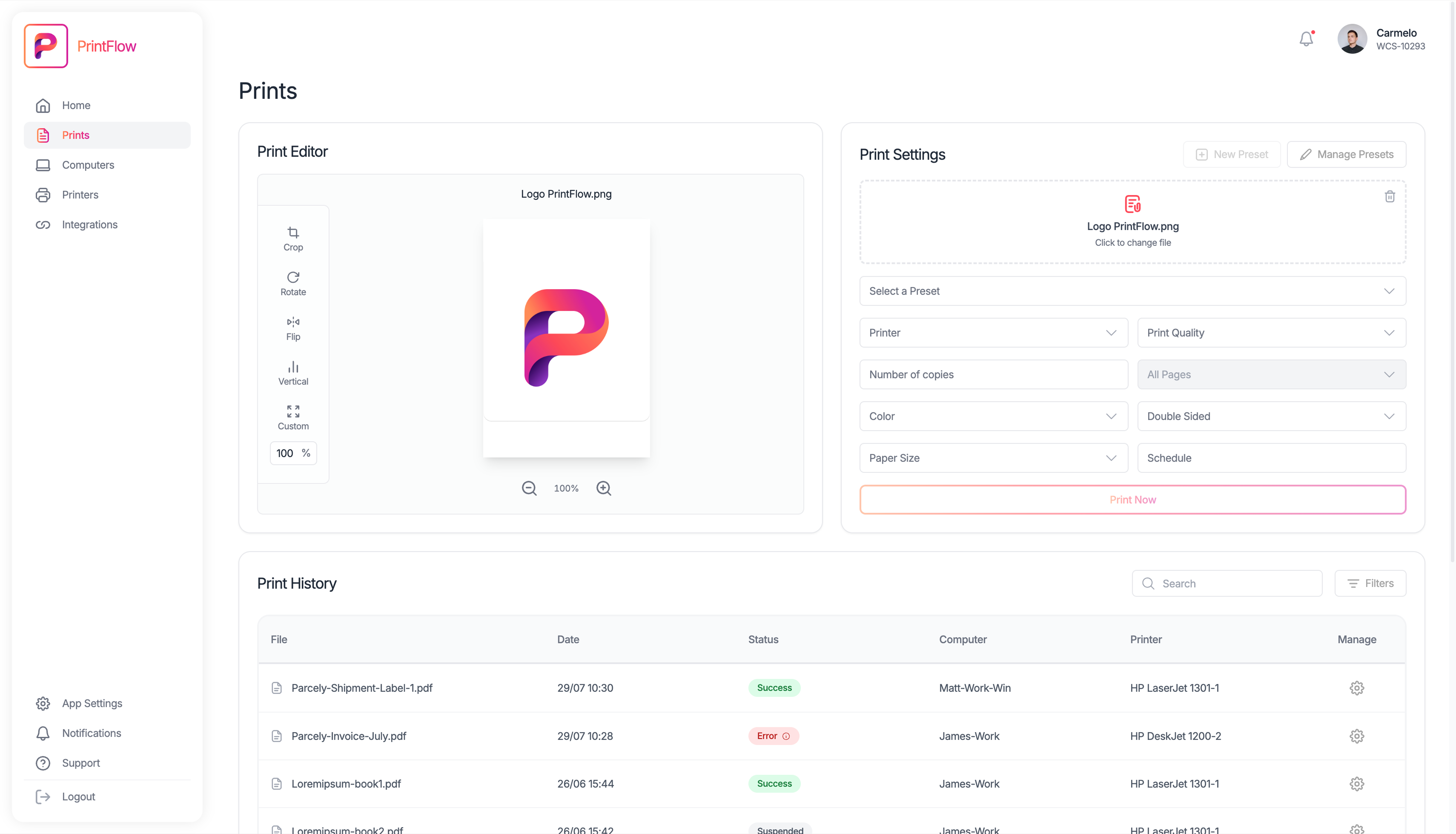 PrintFlow's Interactive Print Editor showing a document preview with editing tools